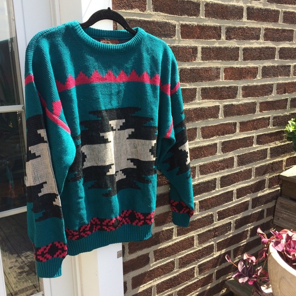 Vintage Sweaters - Vintage Turquoise Pattern Sweater
